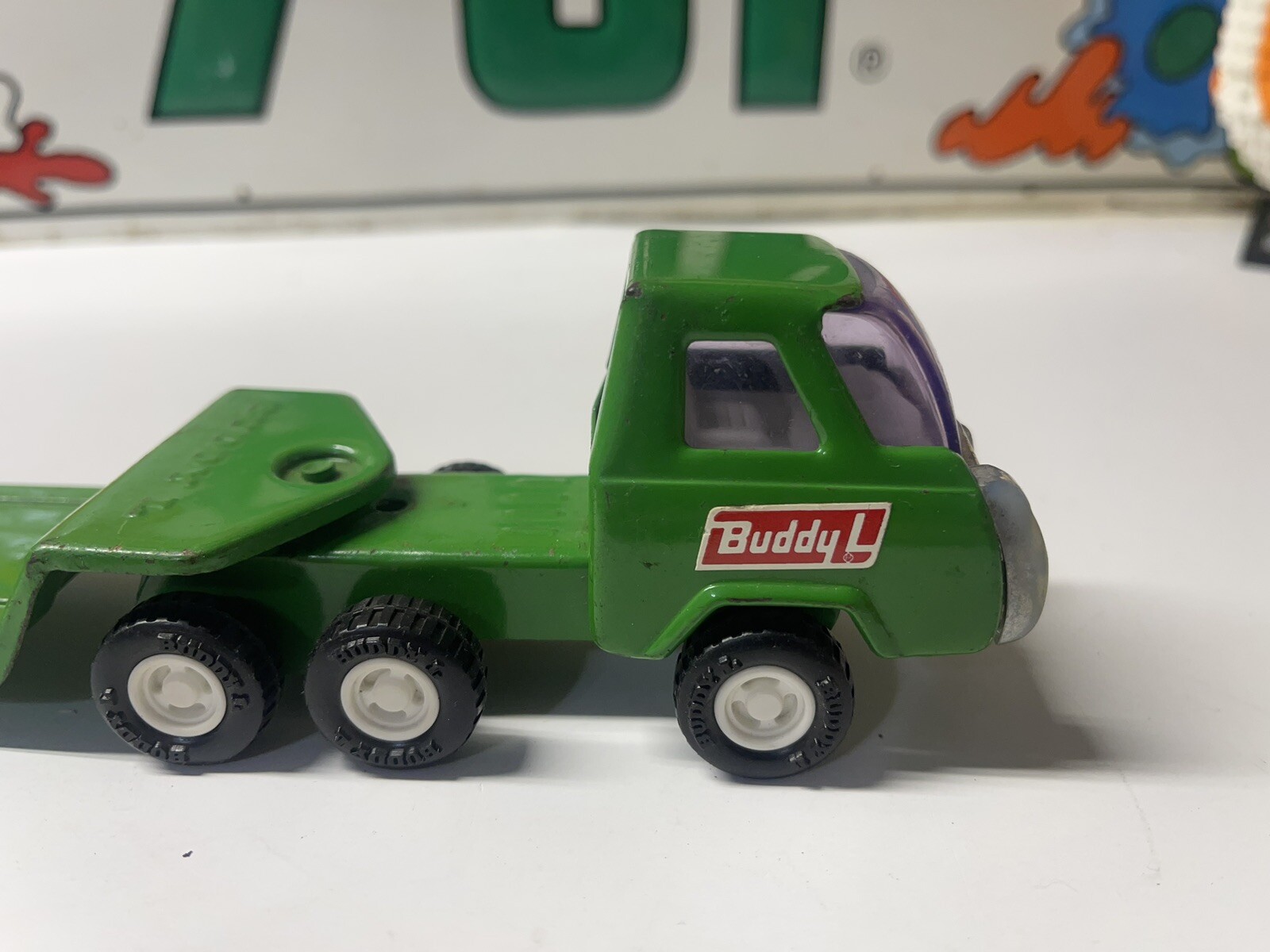 VINTAGE BUDDY L GREEN TRUCK & LOWBOY TRAILER FLATBED HAULER JAPAN