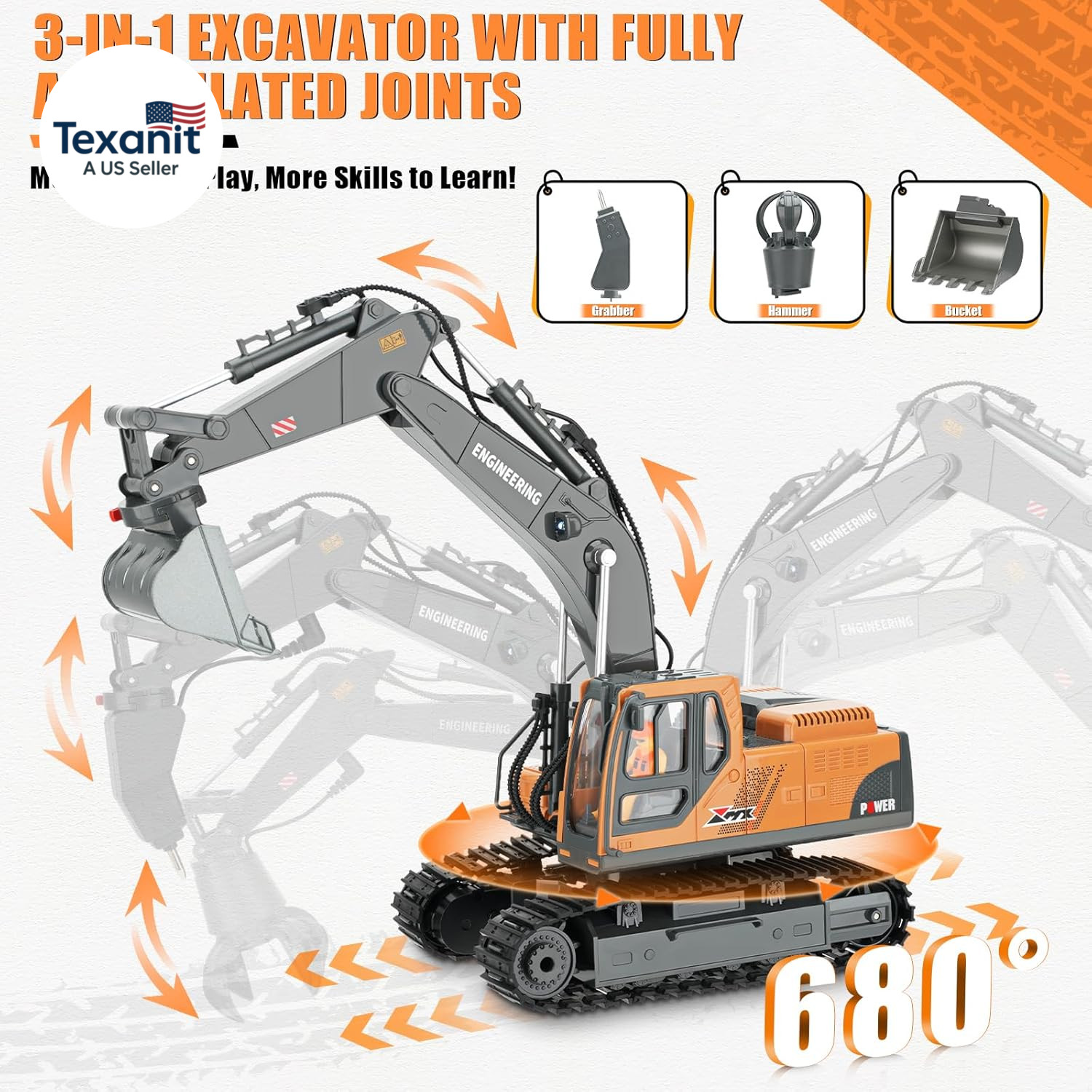 RC Excavator Toy for Boys 3-12, 3-IN-1 Bucket/Claw/Drill, 2.4Ghz 14 Channel Cons