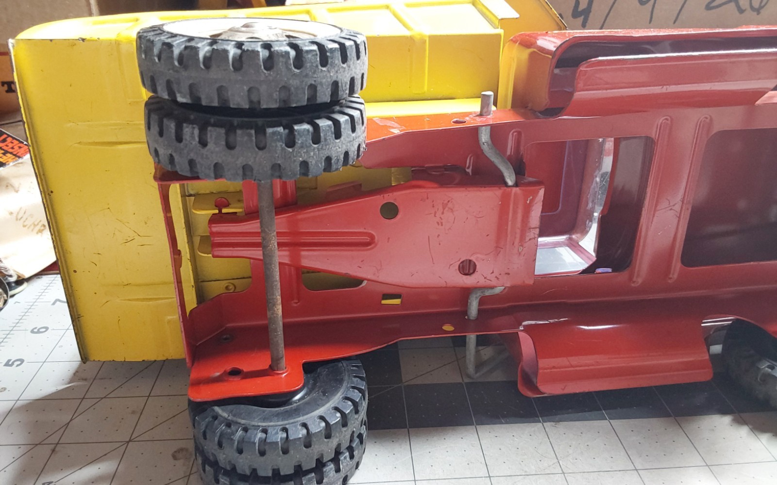 Tonka Pressed Steel Square Front Yellow Red Dump Truck