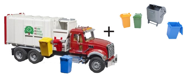 Bruder 02811 MACK Granite Side Loading Garbage Truck + Free Trash Cans #02811