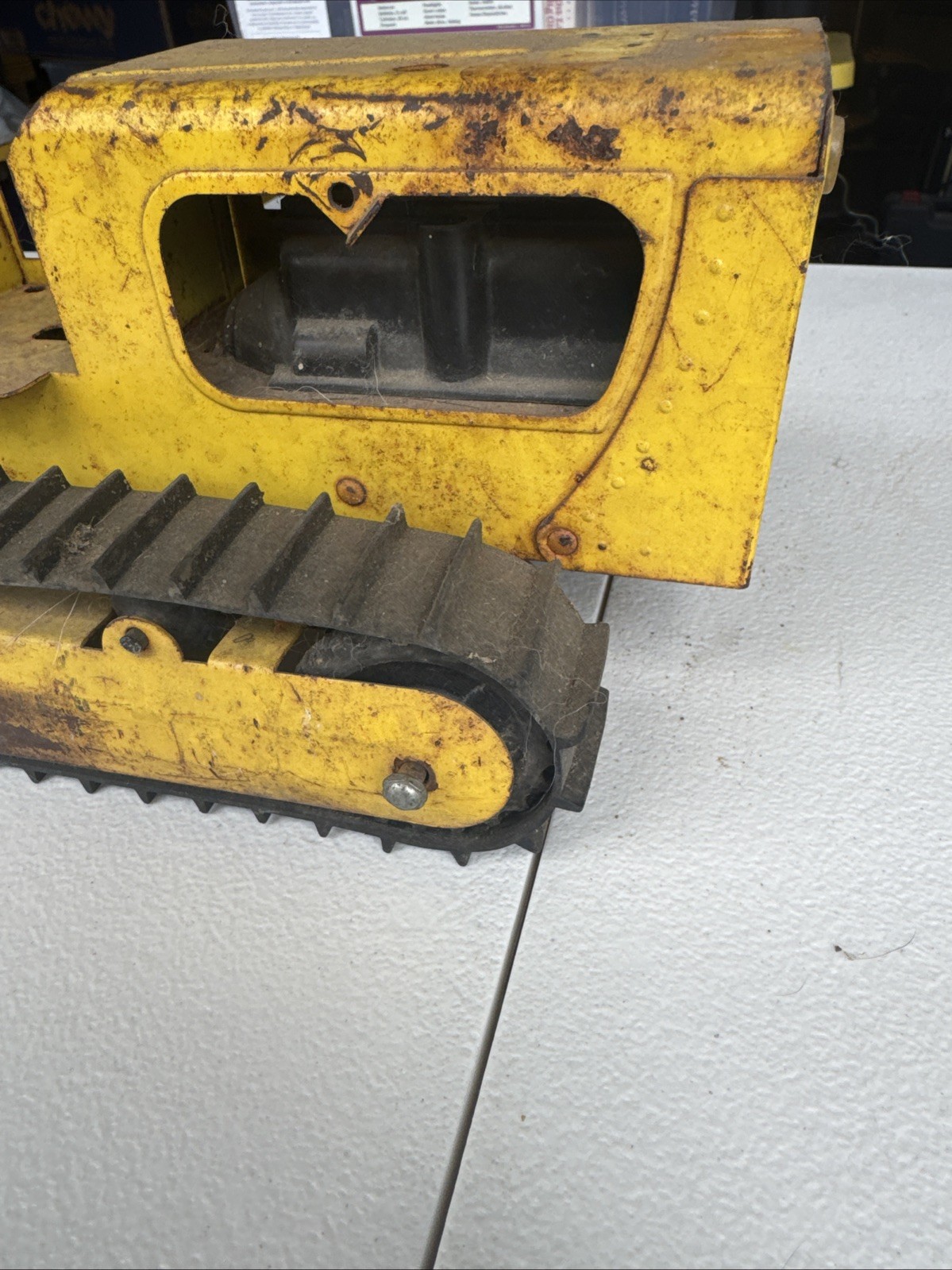 Vintage Toy Bulldozer, Yellow Black Painted Pressed Steel Missing the Blade