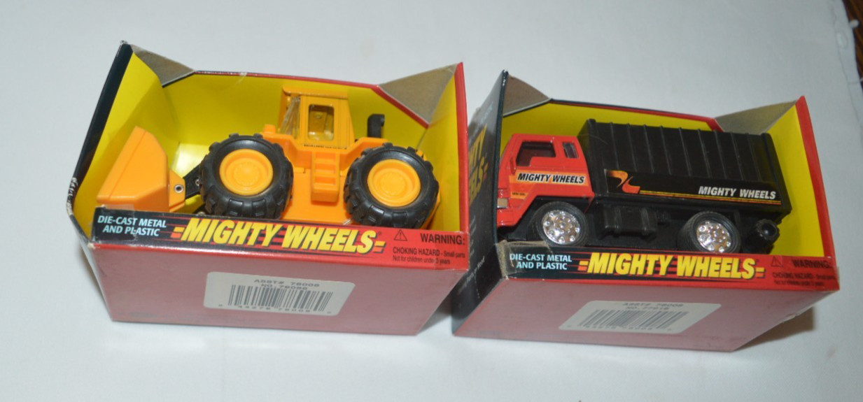 MIGHTY WHEELS MADE BY SOMA – YELLOW WHEEL LOADER & RED & BLACK TRUCK HAULER