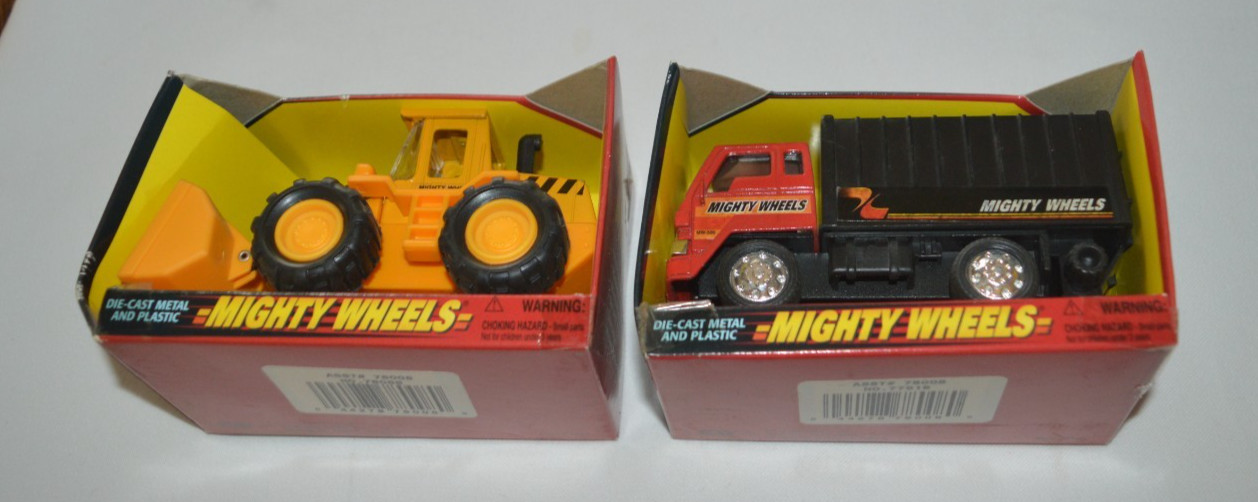 MIGHTY WHEELS MADE BY SOMA – YELLOW WHEEL LOADER & RED & BLACK TRUCK HAULER