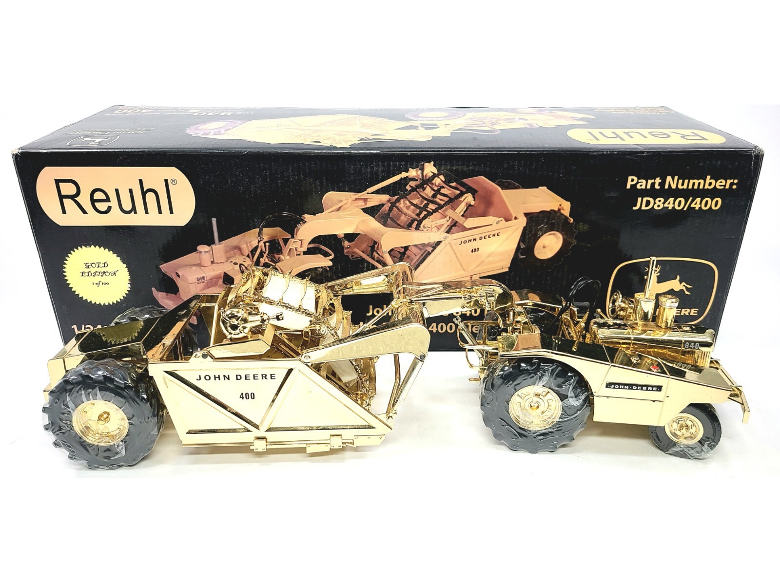 John Deere 840 Diesel with 400 Scraper – Gold Reuhl 1:24 Scale Model #JD840/400G