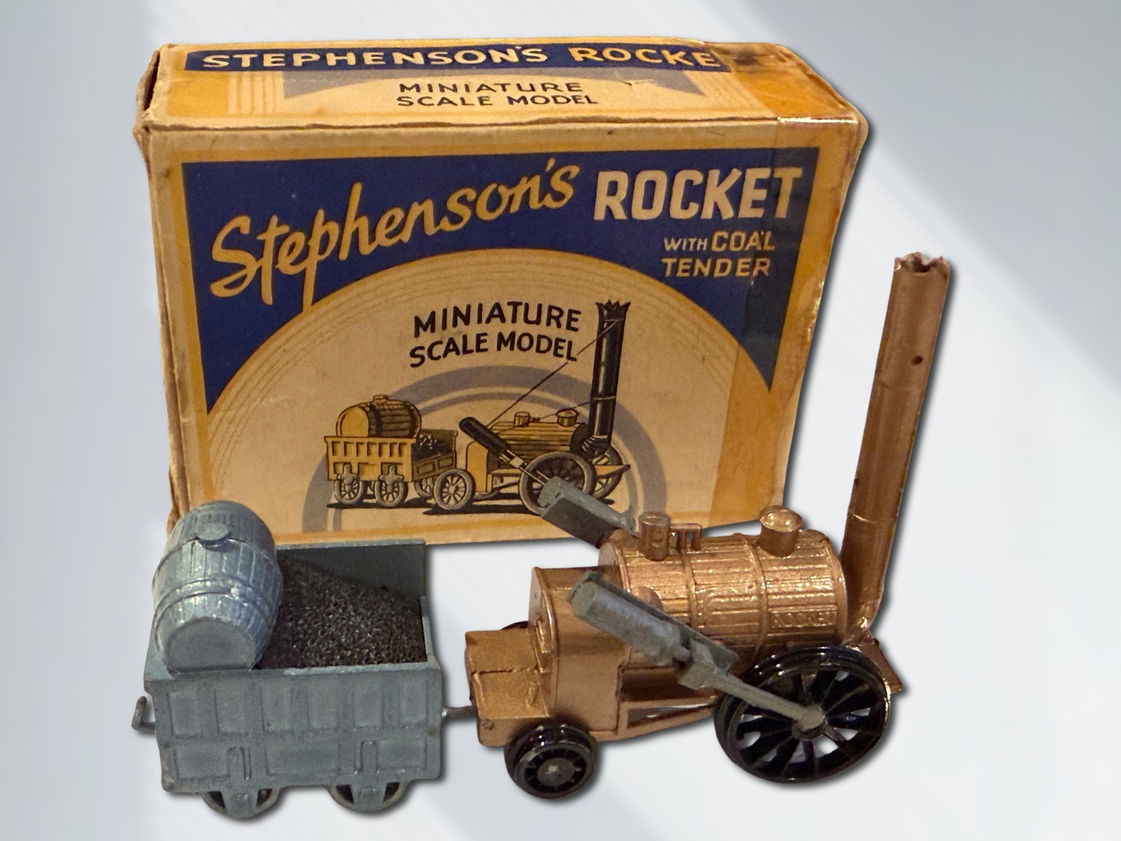 Benbros Qualitoy Miniature Vtg Stephenson’s Rocket & Tender Boxed Diecast 2p SET