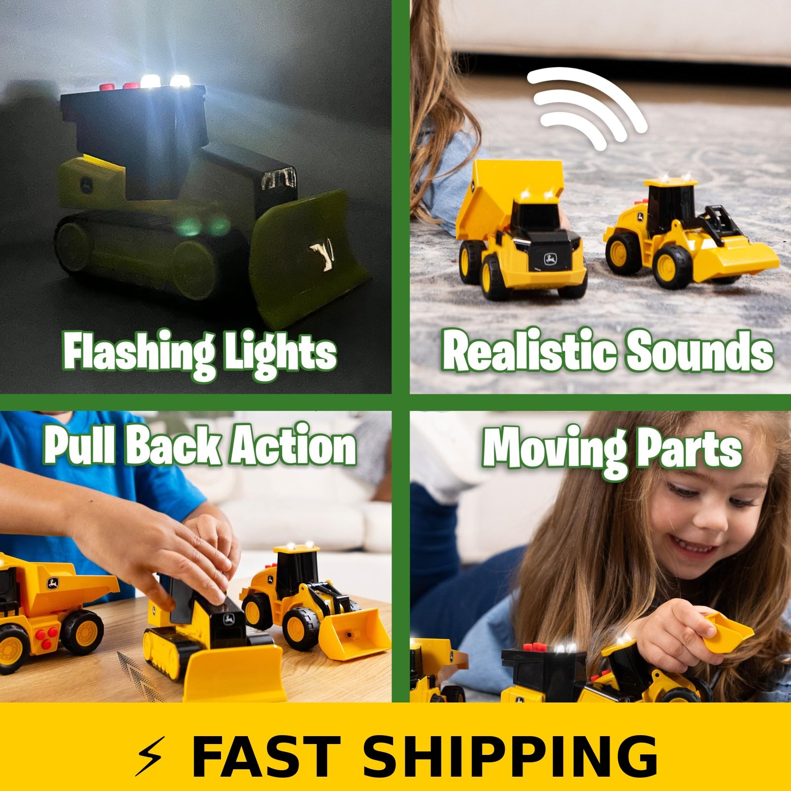 John Deere 3-Pack Mini Construction Vehicles Set with Lights & Sounds