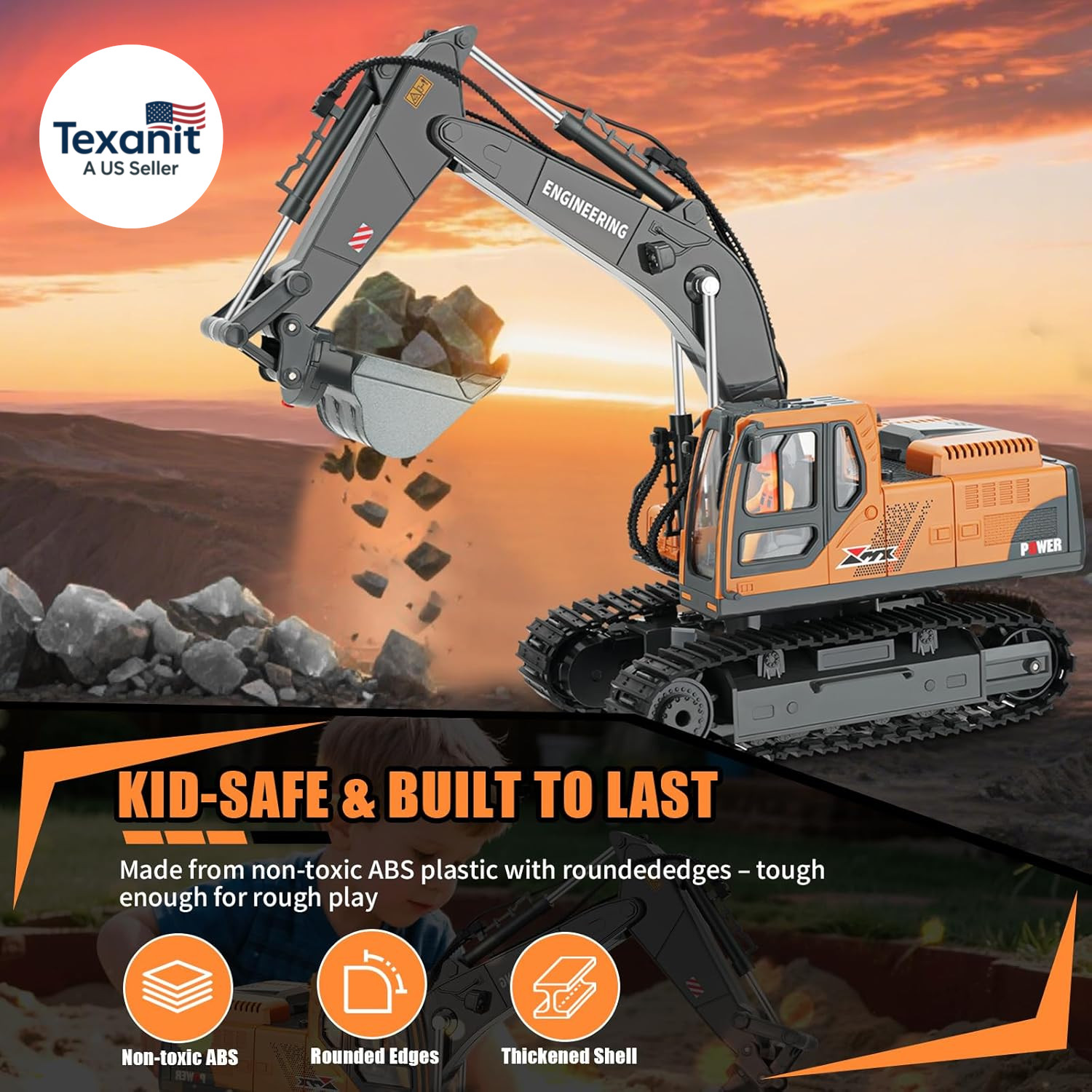RC Excavator Toy for Boys 3-12, 3-IN-1 Bucket/Claw/Drill, 2.4Ghz 14 Channel Cons