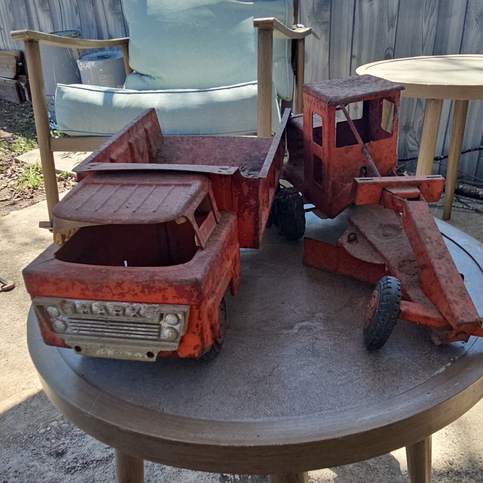 Marx Pressed Steel Construction Vehicle Toy Orange Rust Equipment Truck