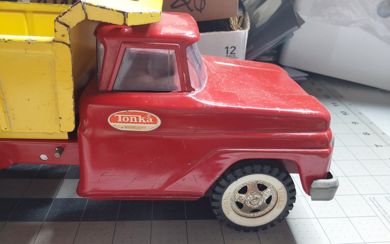 Tonka Pressed Steel Square Front Yellow Red Dump Truck