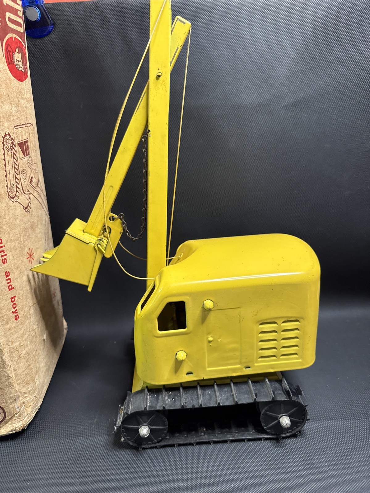 Vintage 1960s Structo Power Shovel Drag Line Crane Yellow Steel w/ Original Box