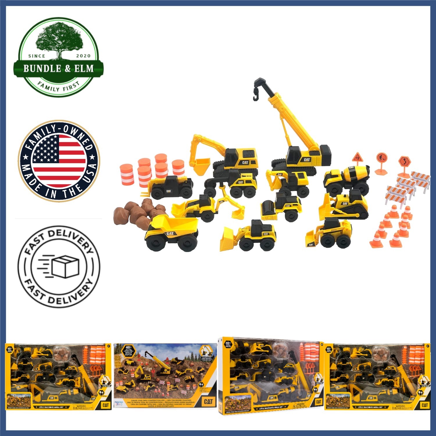 Kids Construction Play Set, 40+ Pieces with Crane, Excavator and Barricades