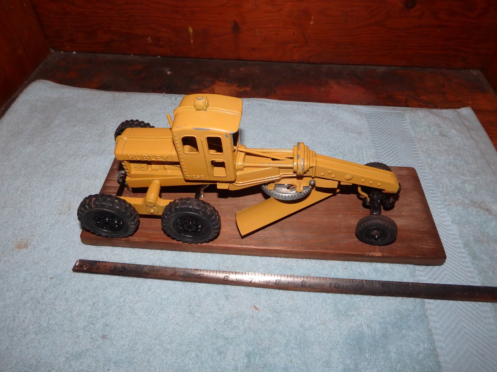 Hubley Kiddie Toy Cast Iron Road Grader Mounted on wood Plaque Restored