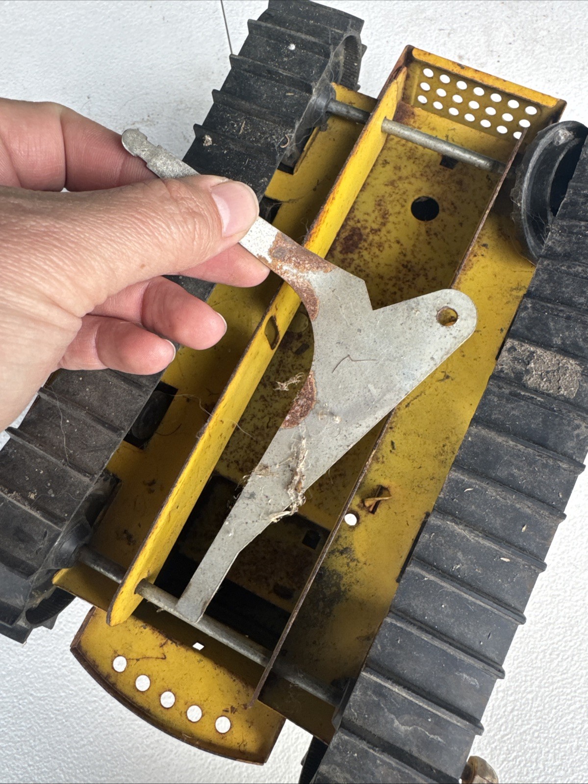 Vintage Toy Bulldozer, Yellow Black Painted Pressed Steel Missing the Blade