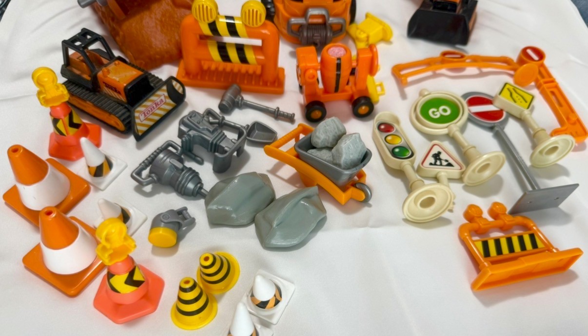 CONSTRUCTION TRUCKS Road Work Signs Crane Steamroller Digger Tools HOME DEPOT
