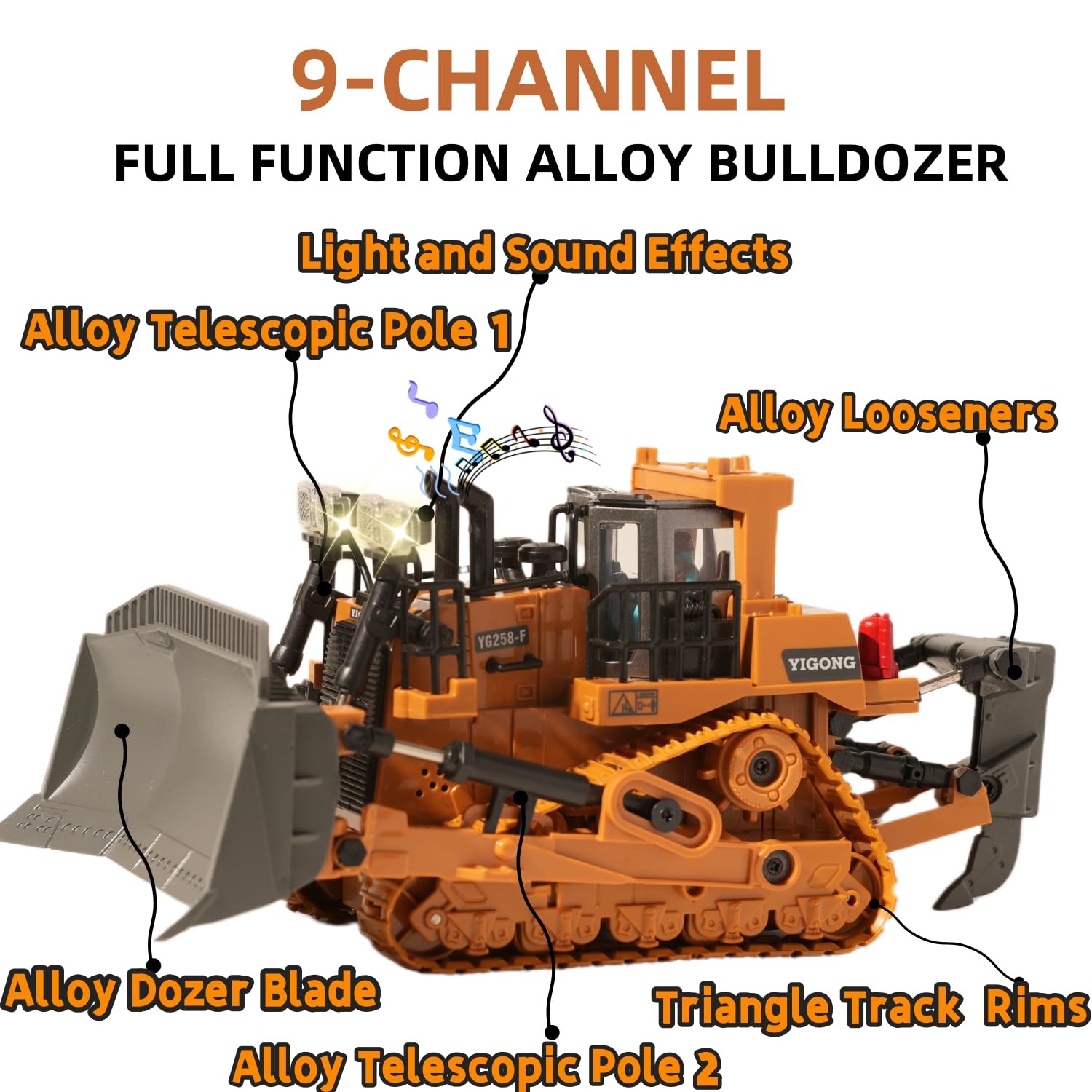 9-Channel Metal RC Bulldozer with Lights and Sound – Remote Control Heavy