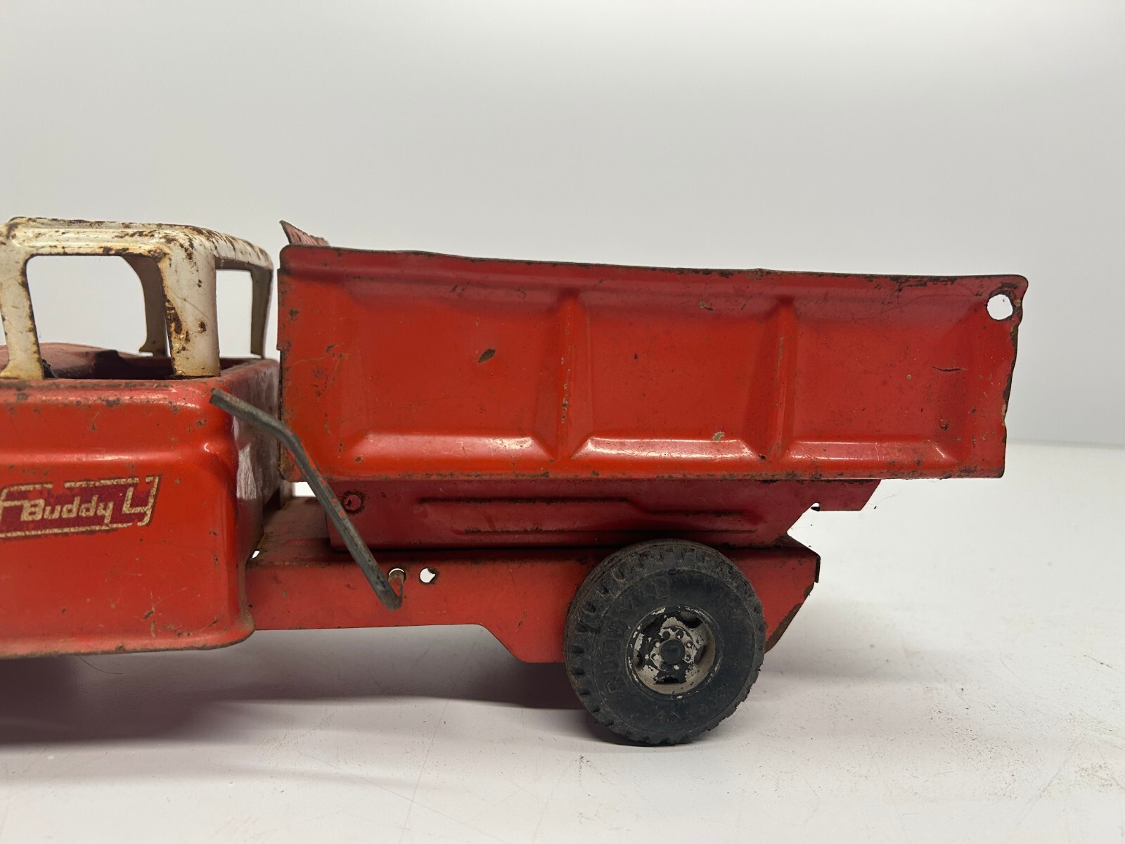 Vtg Buddy L c1960s Dump Truck Pressed Steel Toy Car Red 15&Prime;